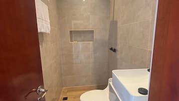 Regadera, toallas, jabón, papel de baño