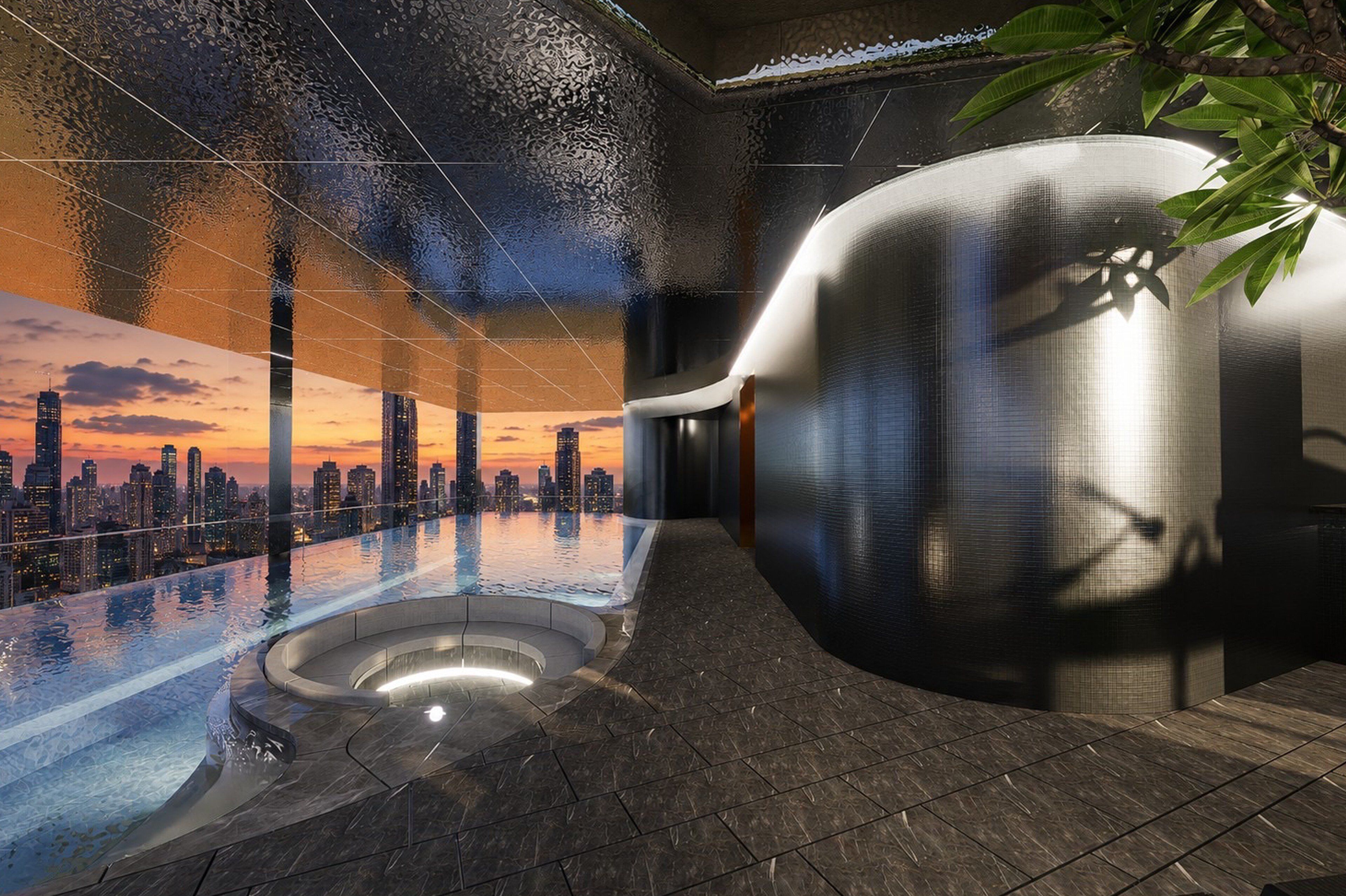 A modern indoor pool with a cityscape view, a large cylindrical structure, and a plant.