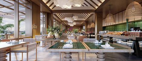A restaurant with wooden tables, chairs, and a buffet area.