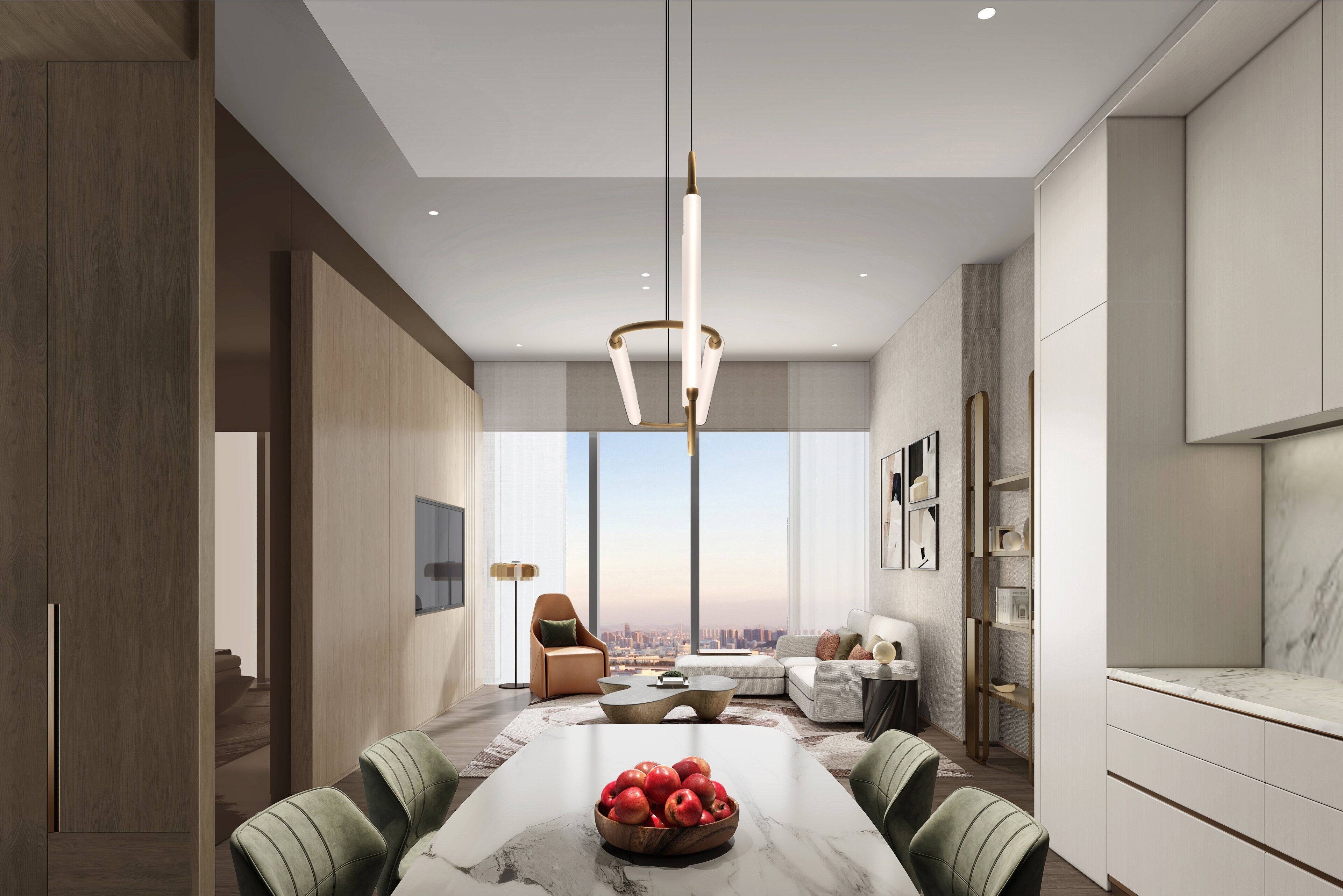 A modern interior with a dining area, a city view, and a minimalist design.