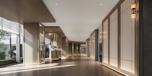 A modern hotel corridor with wooden flooring, large windows, and wall-mounted lighting. - Intercontinental Taipei by IHG (Taipei)