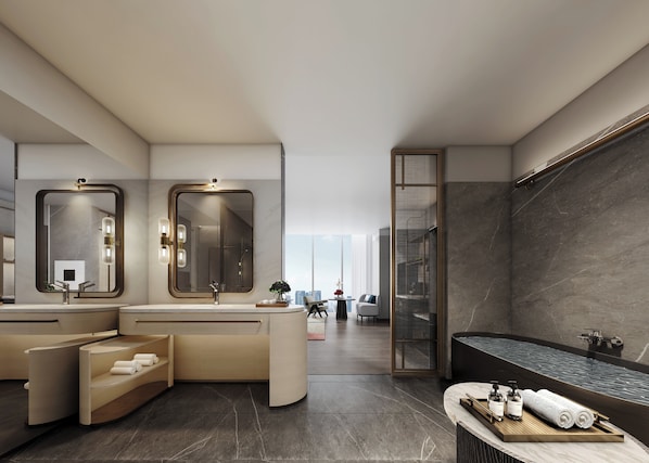 A modern bathroom with two sinks, a large mirror, a bathtub, and a shower area. - Intercontinental Taipei by IHG (Taipei)