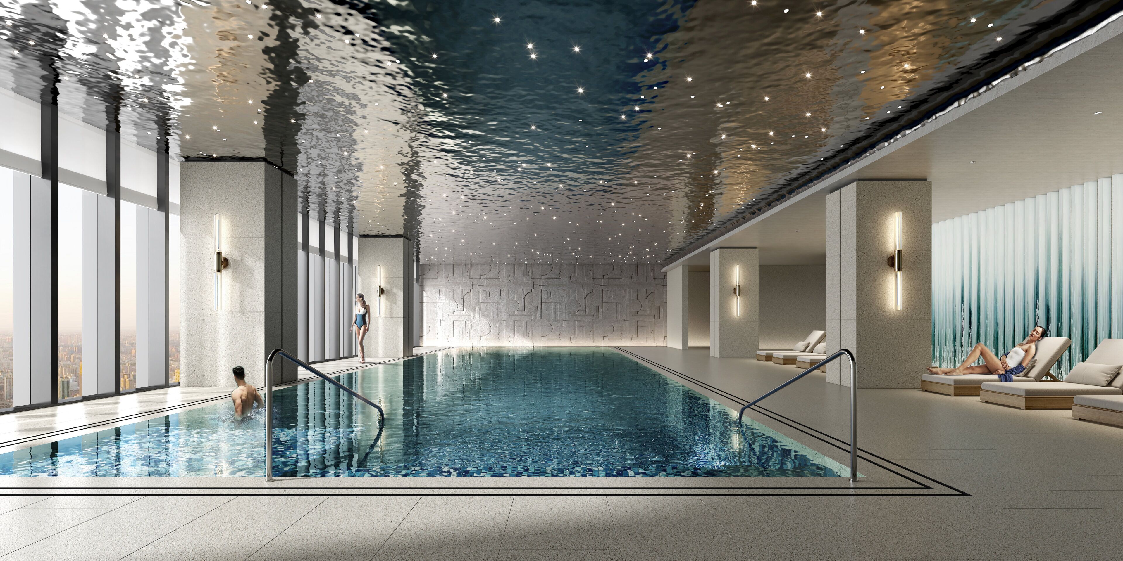 Une piscine intérieure au design moderne, dotée de grandes fenêtres et d’espaces de détente.