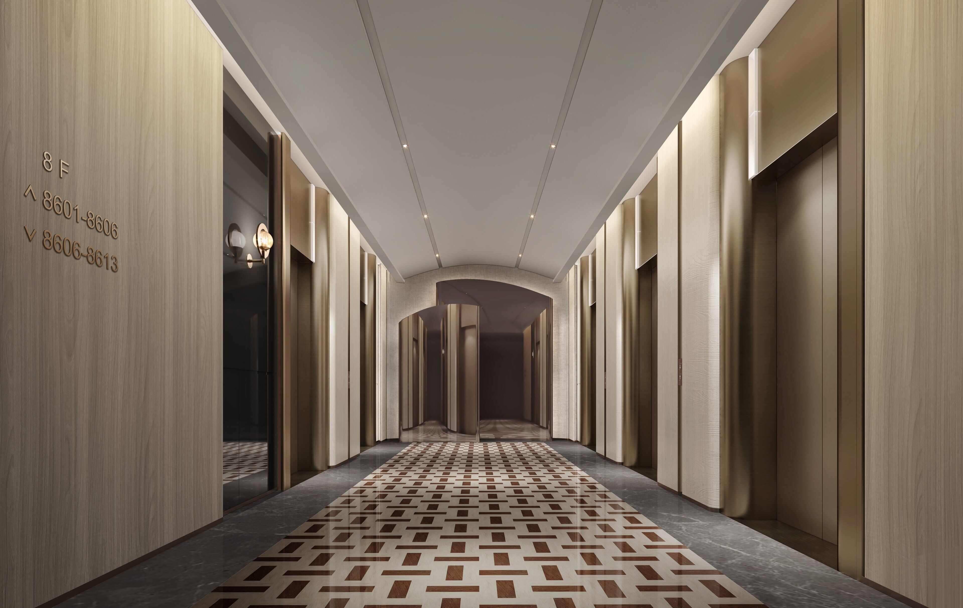 A long, narrow hallway with a patterned floor, wooden walls, and a ceiling with recessed lighting.
