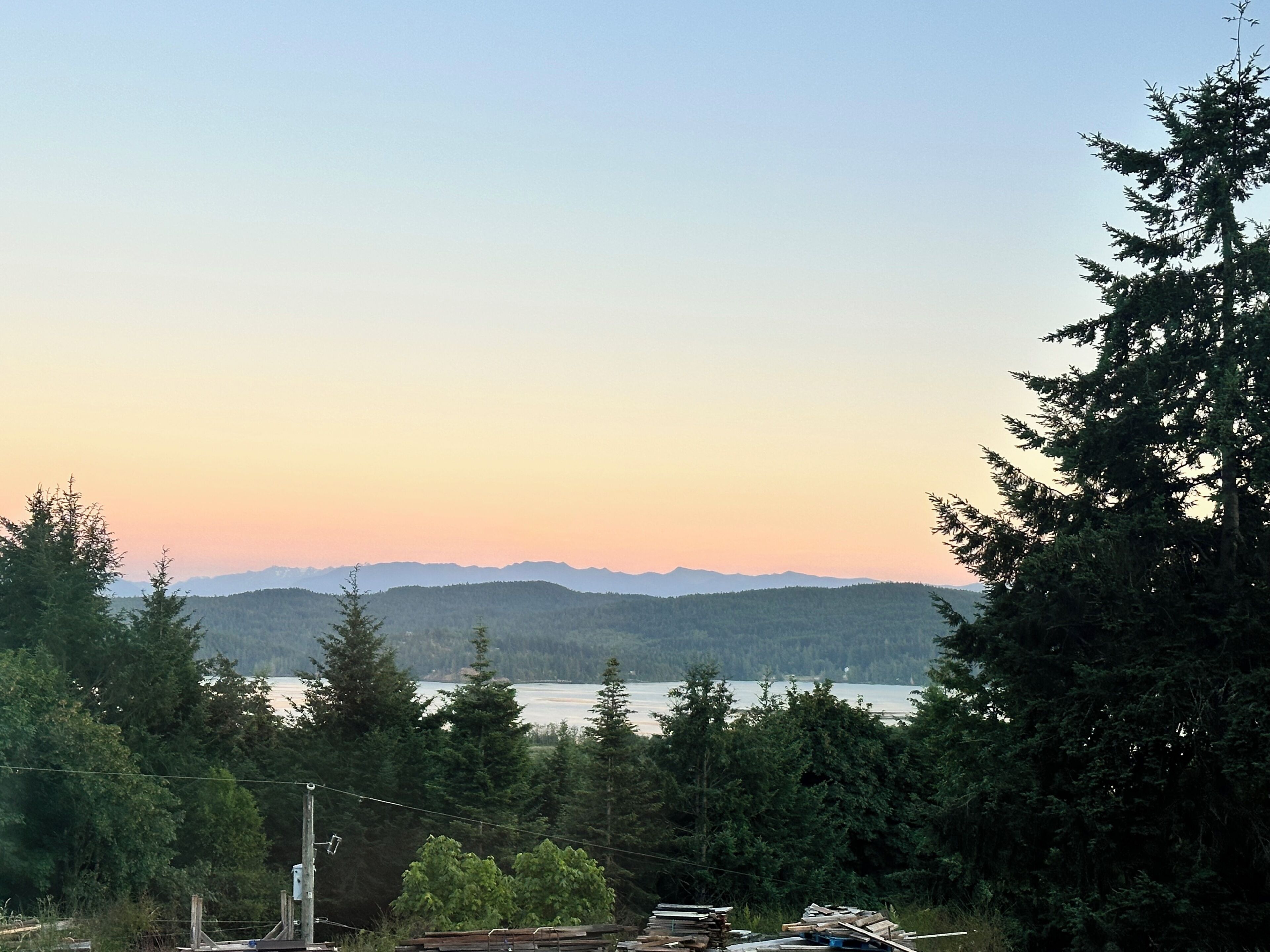 En vy över ett skogsområde med berg i fjärran och en sjö eller ett annat vattendrag.