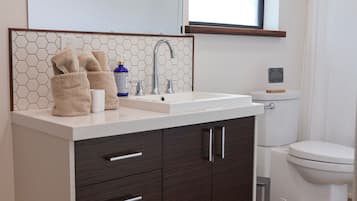 Hair dryer, towels, soap, toilet paper