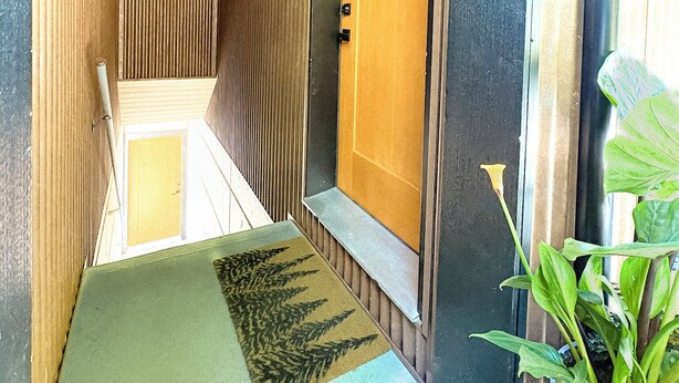 A narrow hallway with a wooden ceiling, a wooden door, and a green mat at the entrance.
