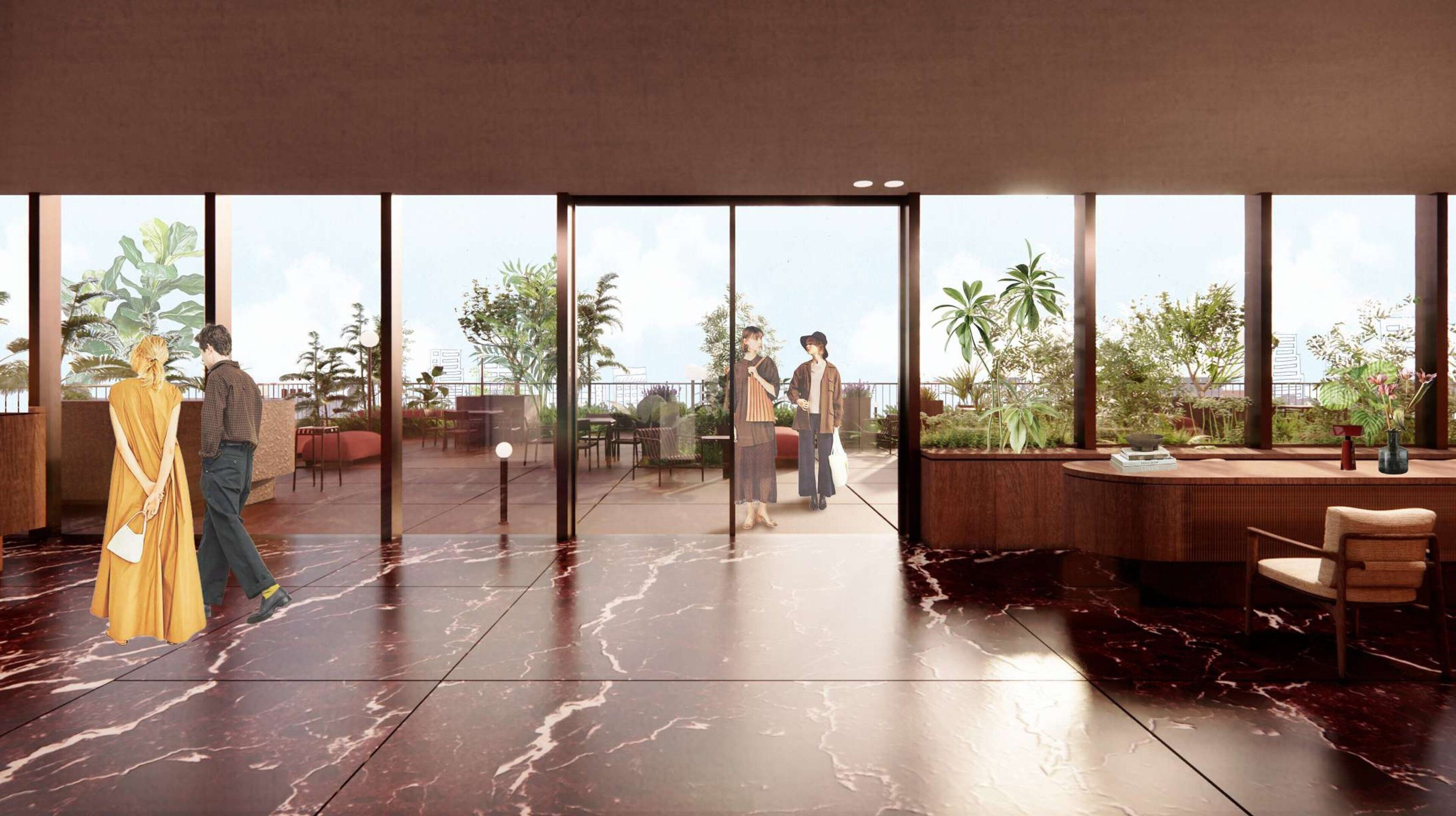 A modern hotel lobby with a marble floor, large windows, and a seating area with a view of the outdoors.