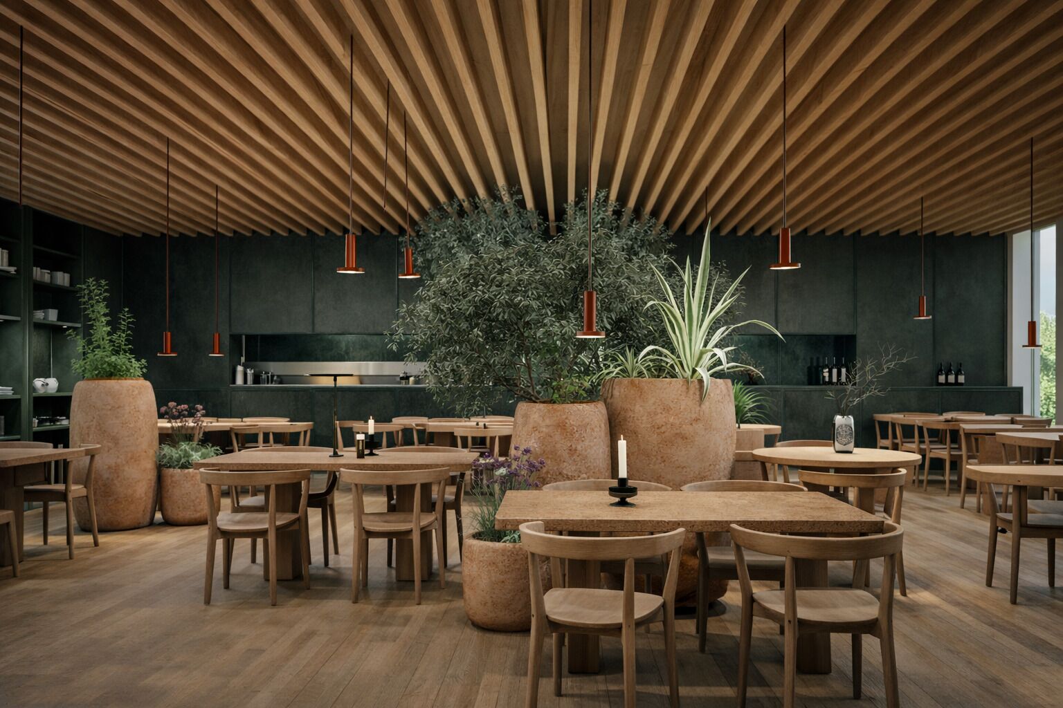 Un interior moderno con mesas y sillas de madera, plantas en macetas e iluminación colgante.