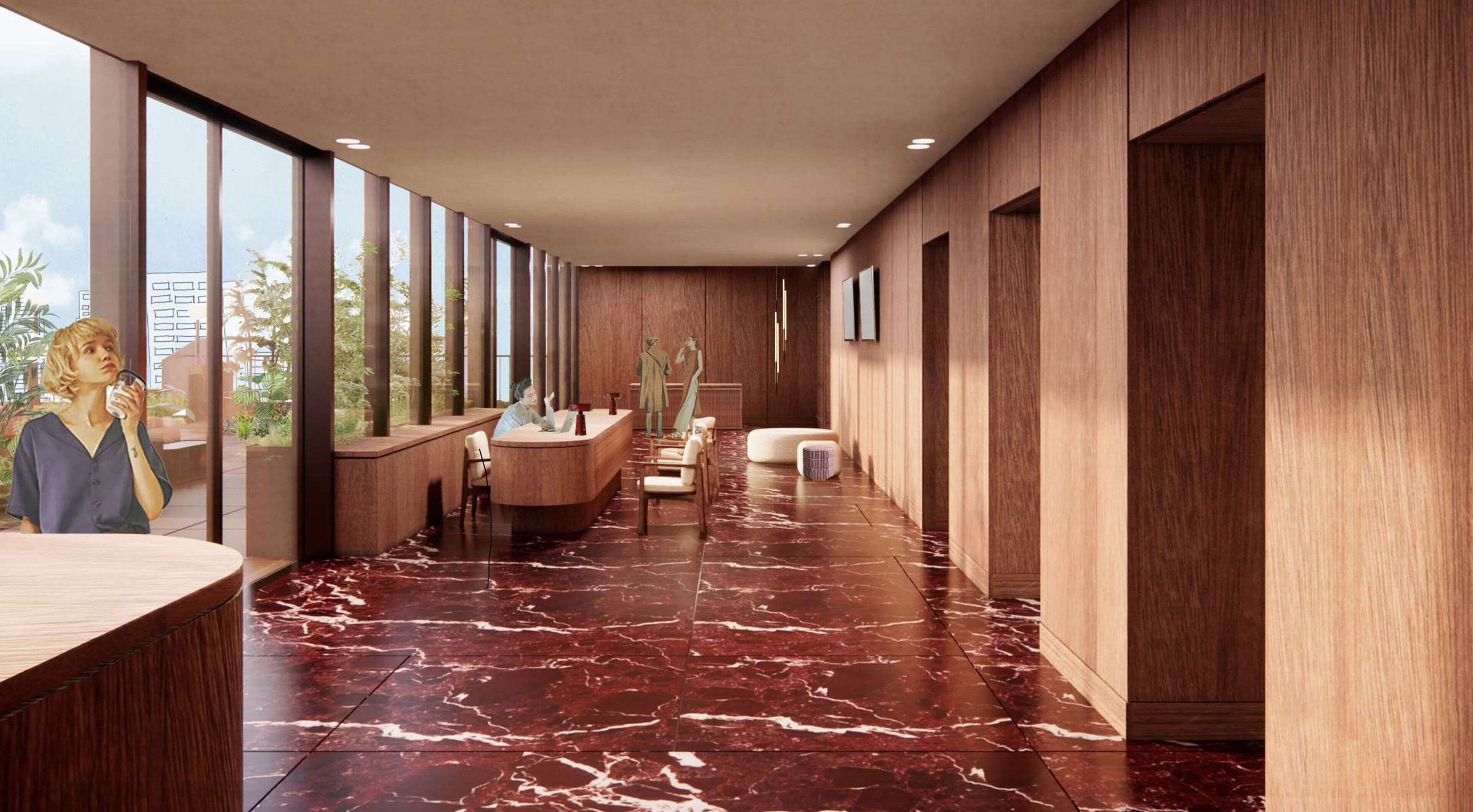 Um interior moderno com um corredor comprido, painéis de madeira e piso de mármore.