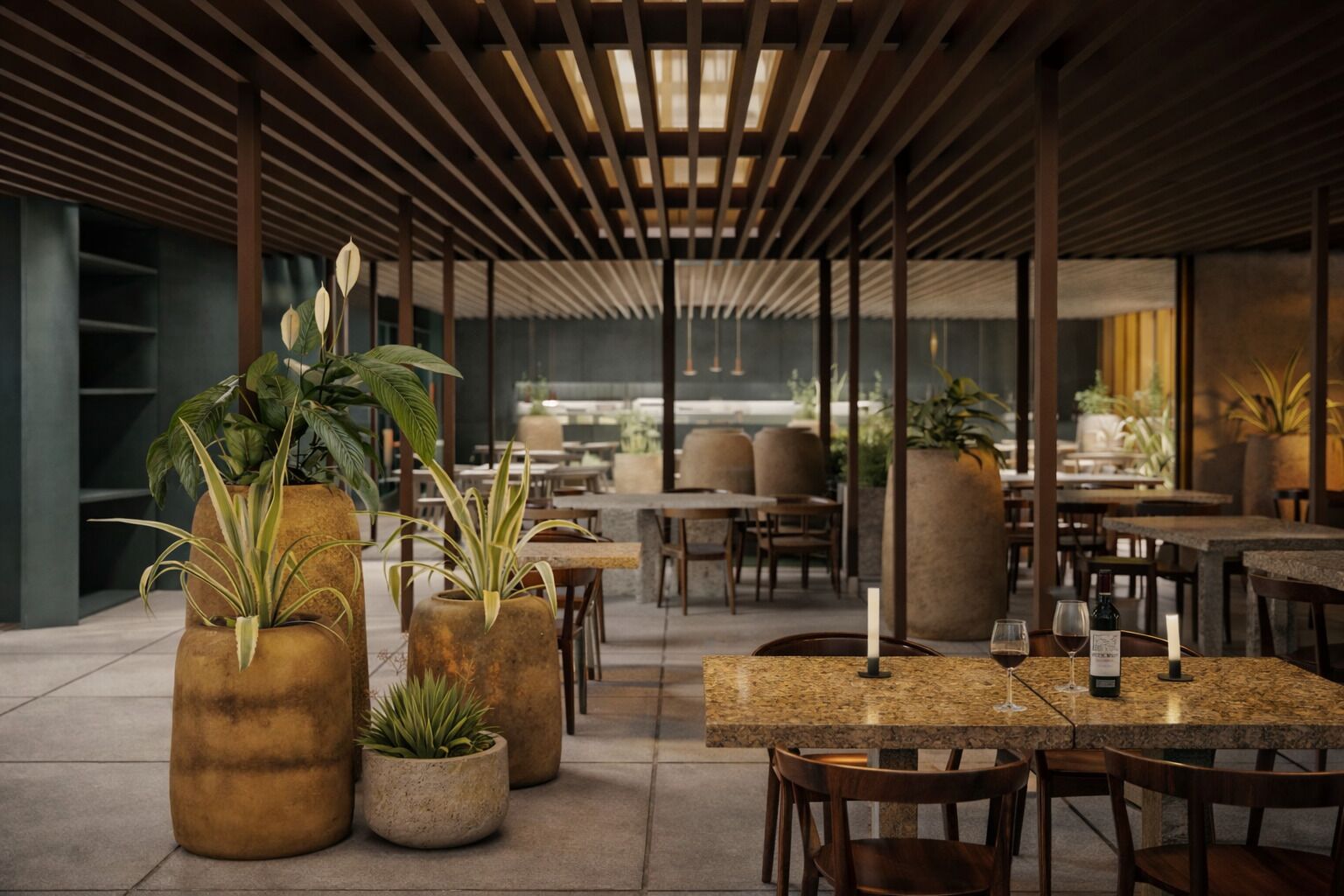 Um restaurante moderno com tetos de ripas de madeira, jardineiras de pedra com vegetação e diferentes opções de assentos.