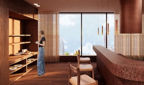A modern kitchen with wooden shelves, a large window with a city view, and a bar area. - InterContinental Presidente Mexico City Miyana by IHG (Mexico City)