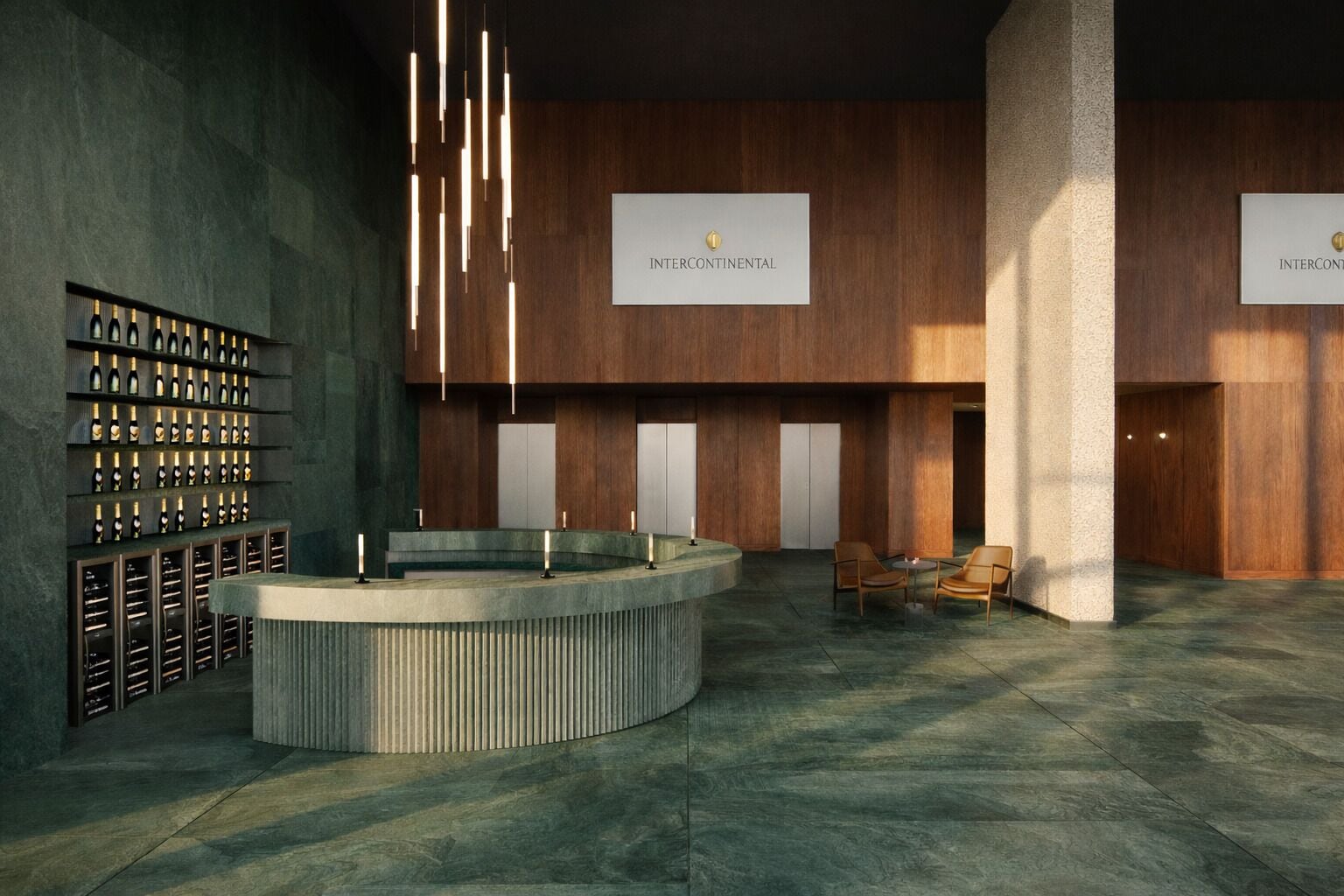 Um hall com adega, balcão de recepção e duas cadeiras.