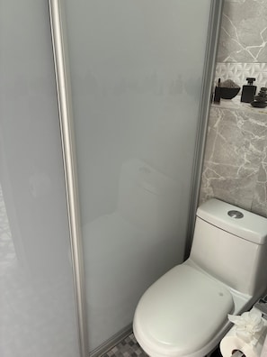 Une salle de bain comprenant des toilettes, un espace de douche vitré et un mur décoré d’un motif imitant le marbre.