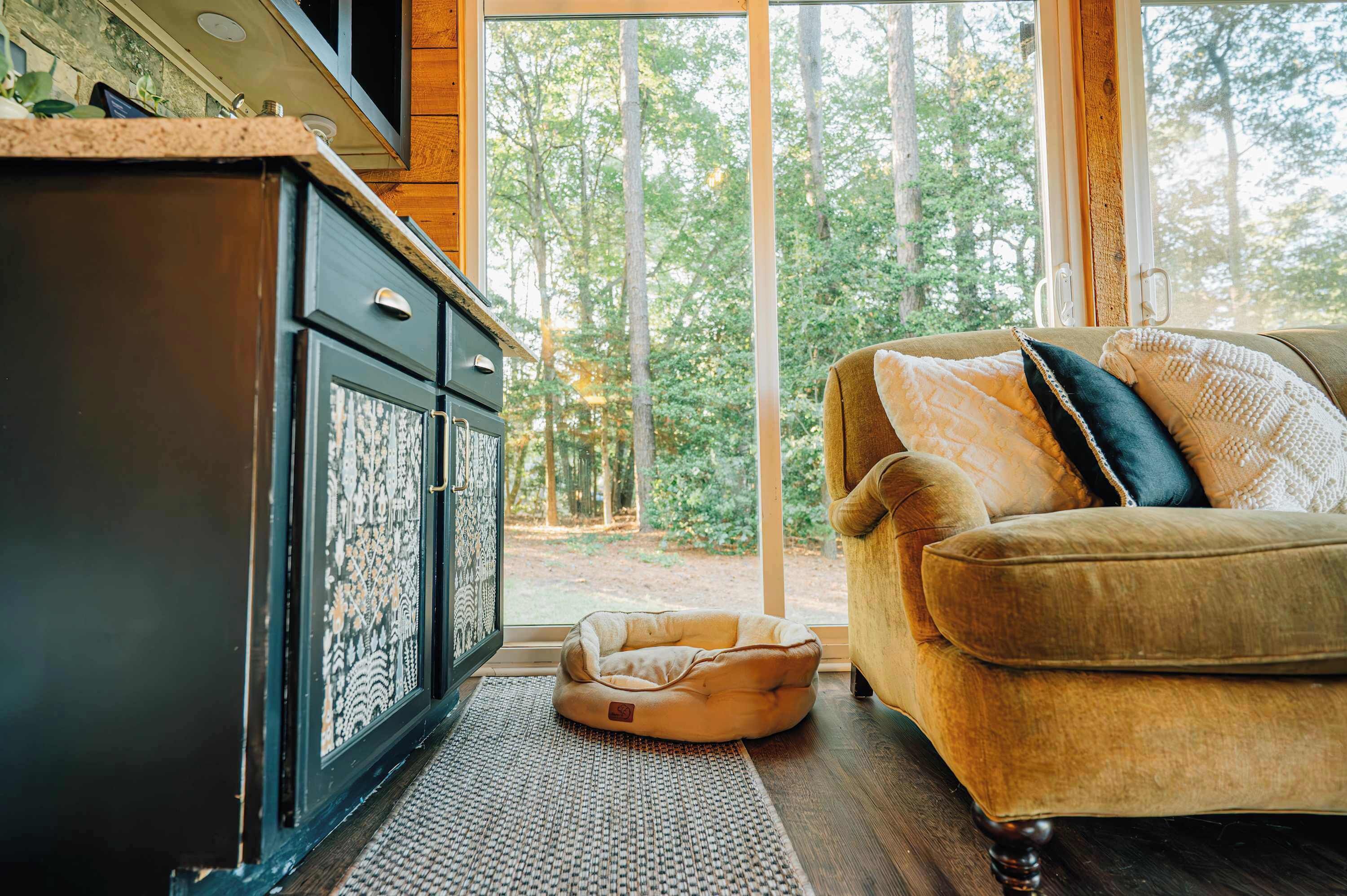 A cozy room with a sofa, a pet bed, a kitchen area, and a large window with a view of trees.