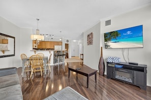 TV, fireplace, table football - Downtown Pool View 2 Bdrm 449 On The Lake (Kelowna)