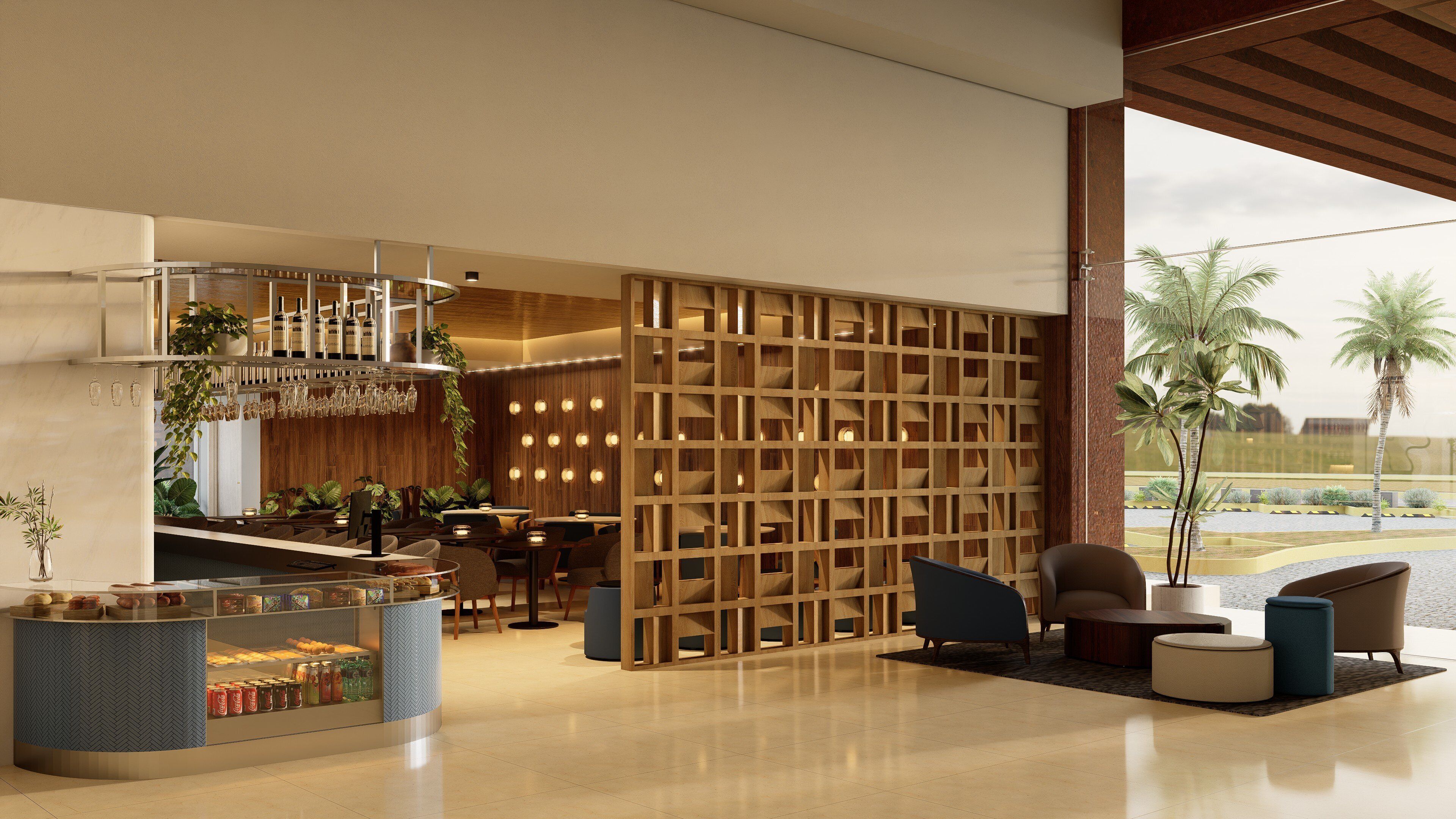Un interior moderno con una zona de bar, asientos y un panel decorativo de madera.