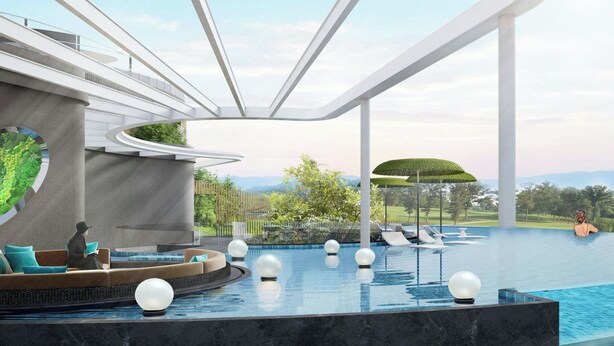 A modern infinity pool with a clear view of the landscape, a lounge area with seating, and a unique architectural design with white beams and columns. - The Quchaninner Liyang, Autograph Collection (Changzhou)
