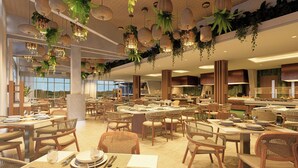 A spacious restaurant with multiple dining areas, wicker furniture, hanging plants, and a modern interior design. - Casa Nizuc, A Tribute Portfolio Resort (Cancun)