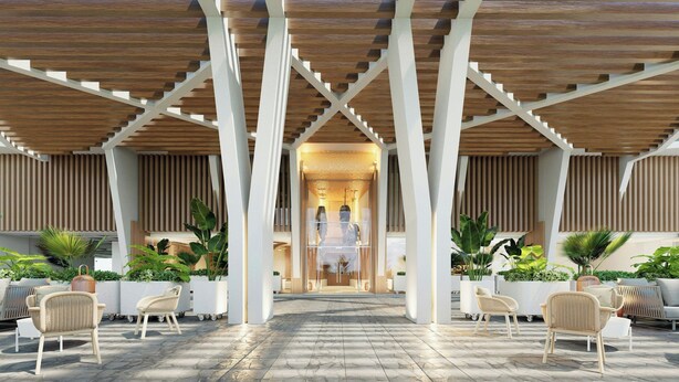 A covered outdoor seating area with chairs and planters, a central pathway leading to a building entrance, and a wooden ceiling structure. - Casa Nizuc, A Tribute Portfolio Resort (Cancun)