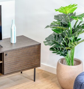 A modern room with a wooden sideboard, a large potted plant, and a white vase. - JACKY - Joli 2 pièces avec vue sur l'Eglise Saint Maclou (Rouen)