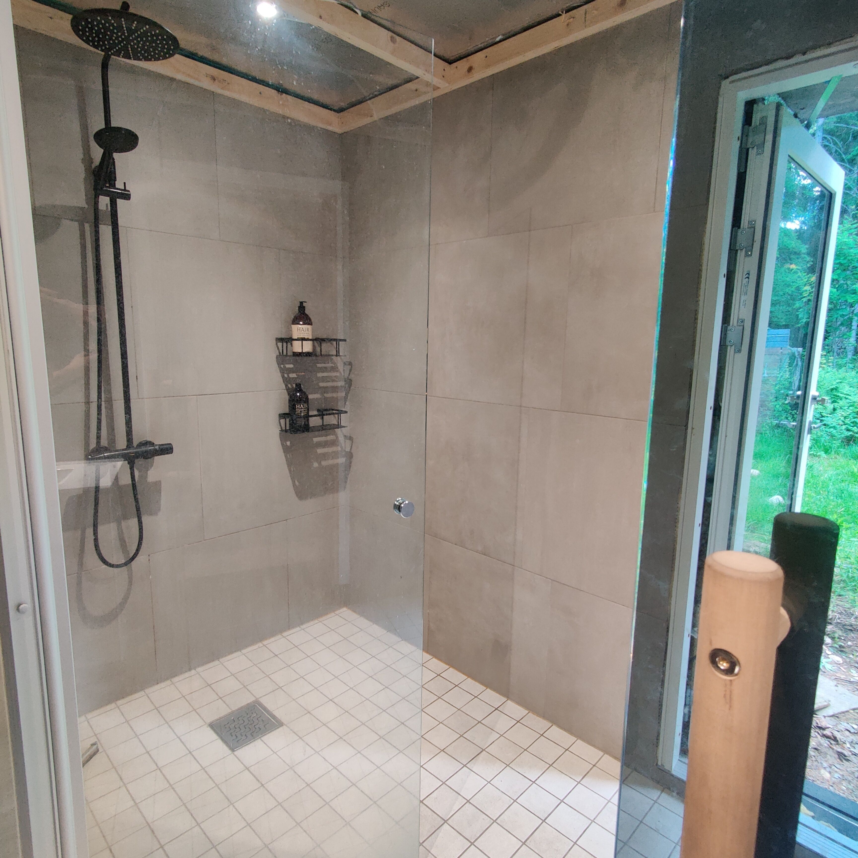 A shower with a handheld showerhead, a glass door, and a view of greenery outside.