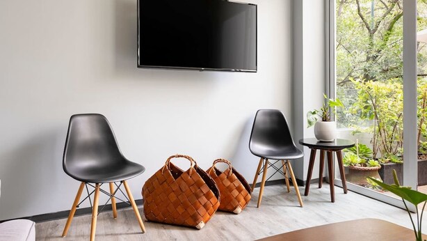 Quarto moderno com TV de tela plana na parede, duas cadeiras pretas, uma mesa redonda pequena com um vaso de planta e uma janela grande com vista para o verde.