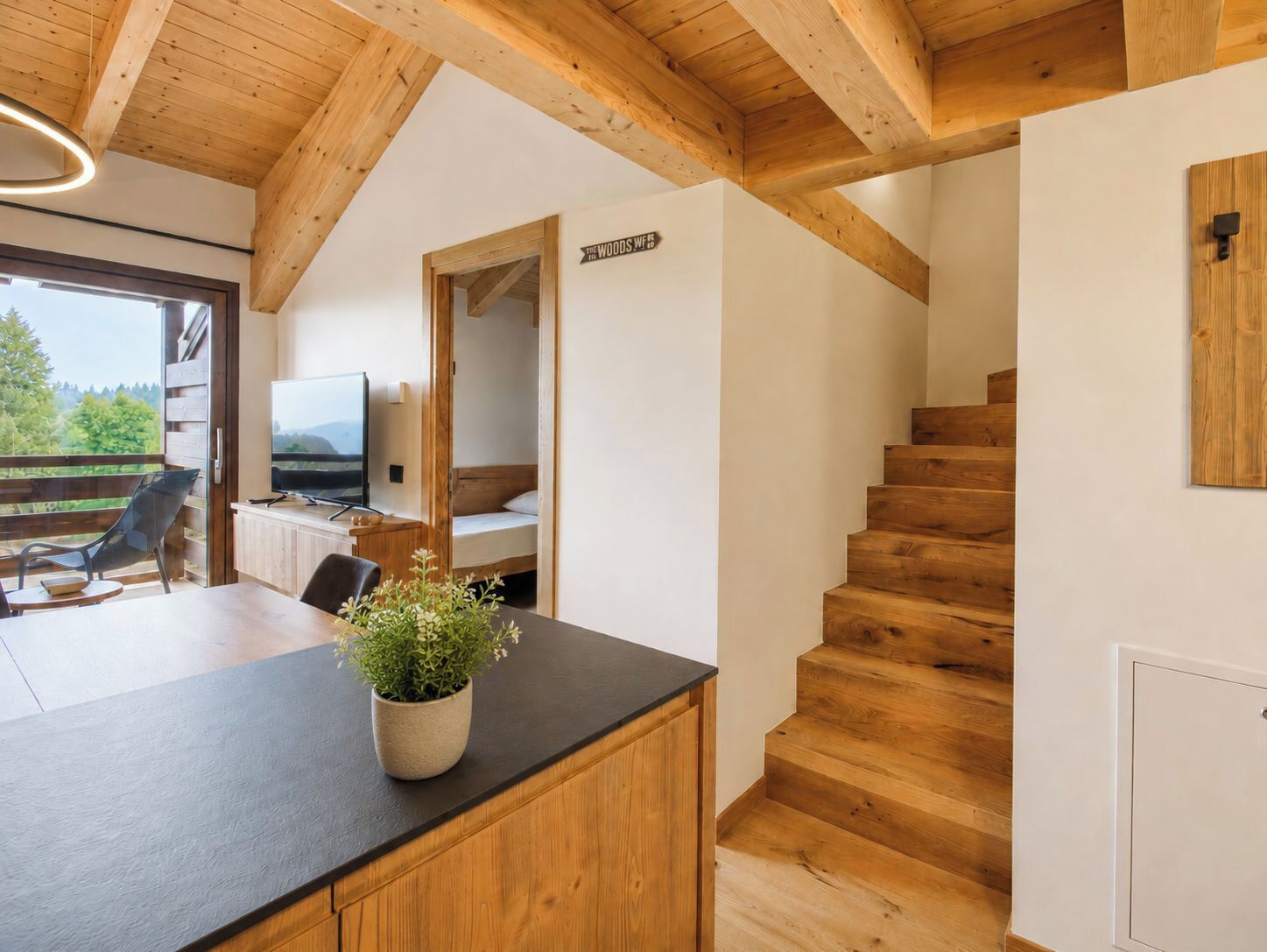 Een modern interieur met een houten trap, een keukenhoek met een plant en een televisie in een kamer met uitzicht.