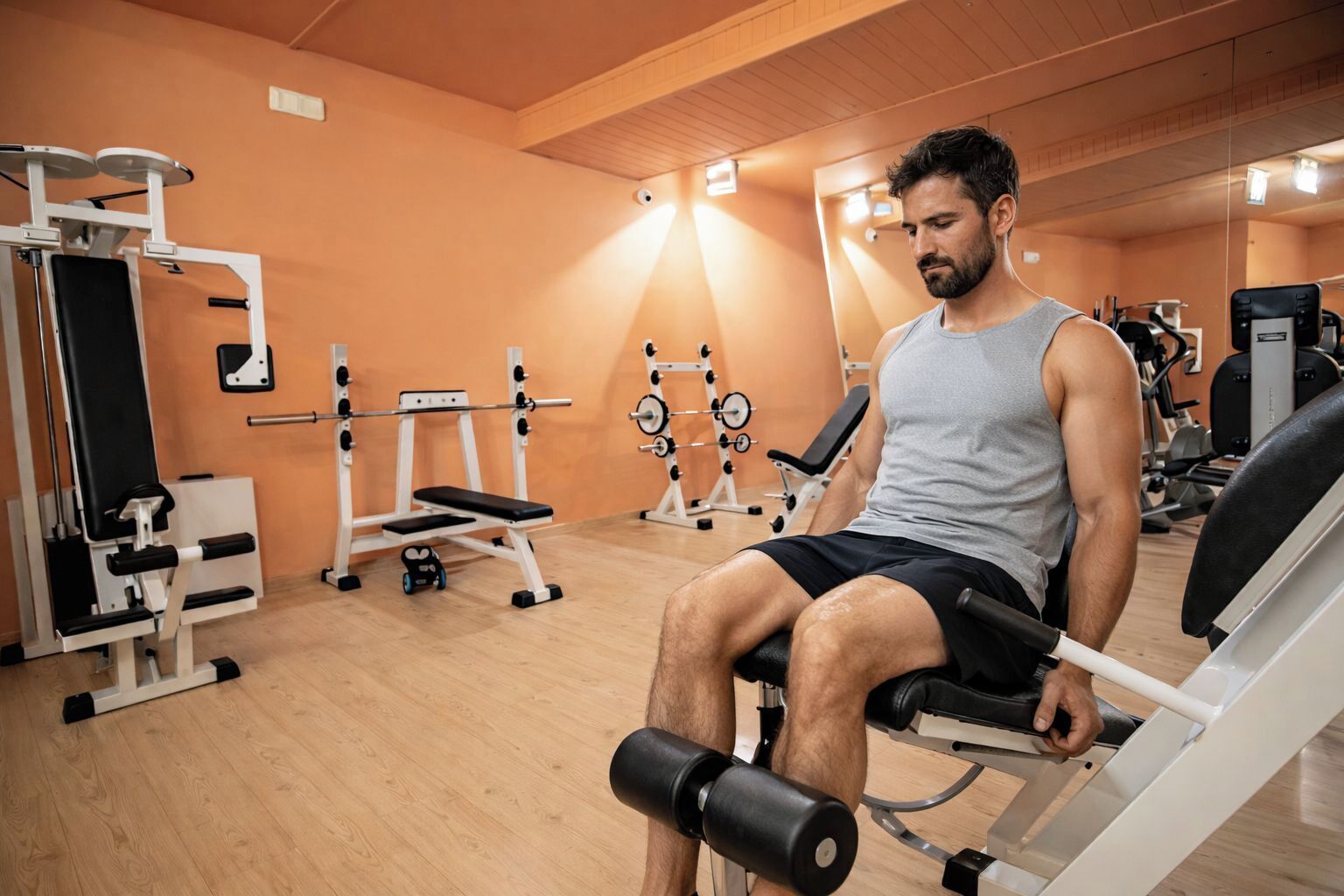 Un gimnasio con diversos equipos de ejercicio, como una prensa de banca, una estructura para sentadillas y máquinas de pesas.