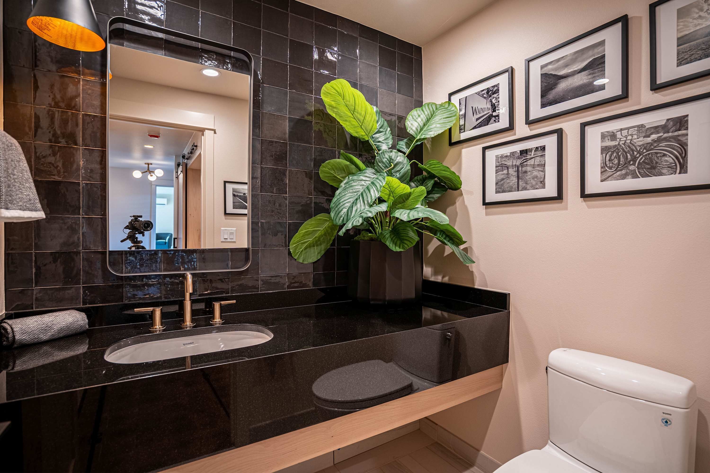 A modern bathroom with a black countertop, a white sink, a toilet, a large mirror, and a potted plant.