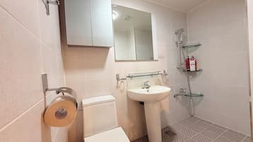 Shower, hair dryer, towels, shampoo