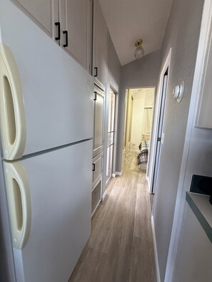 Ein schmaler Flur mit einem Kühlschrank, einer Tür zu einem weiteren Zimmer und einer Deckenleuchte.