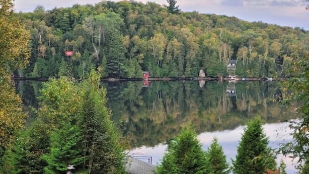 A serene lake with a forested hillside, a small building, and a statue on a rock.