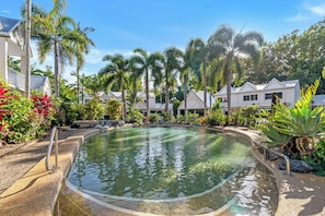 Ein Swimmingpool mit Metallgeländer, umgeben von Palmen und verschiedenen Pflanzen.