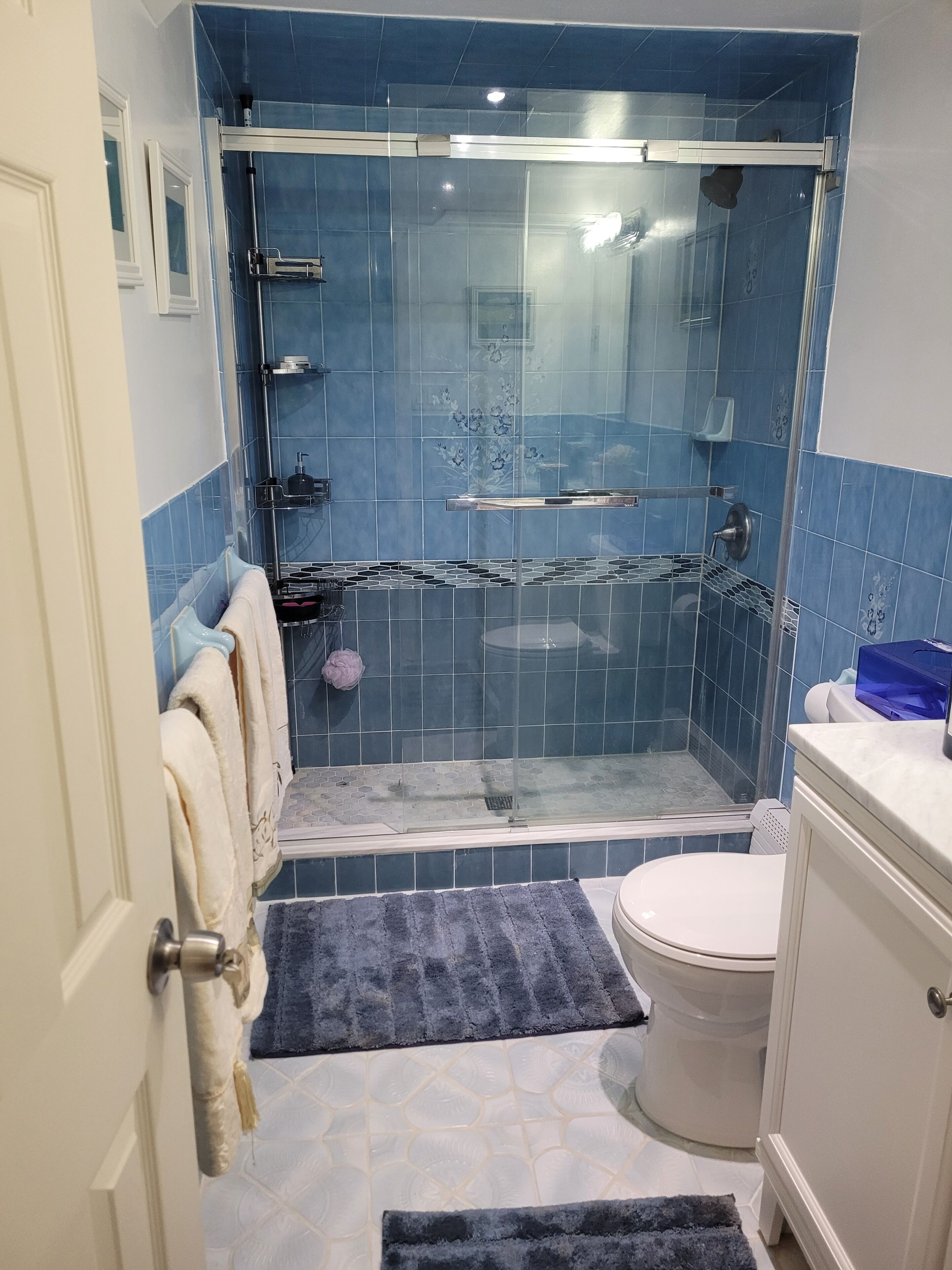 Jetted tub, hair dryer, towels, soap