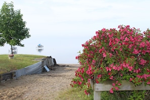 A sandy beach with a wooden fence, a tree, and a boat in the distance.