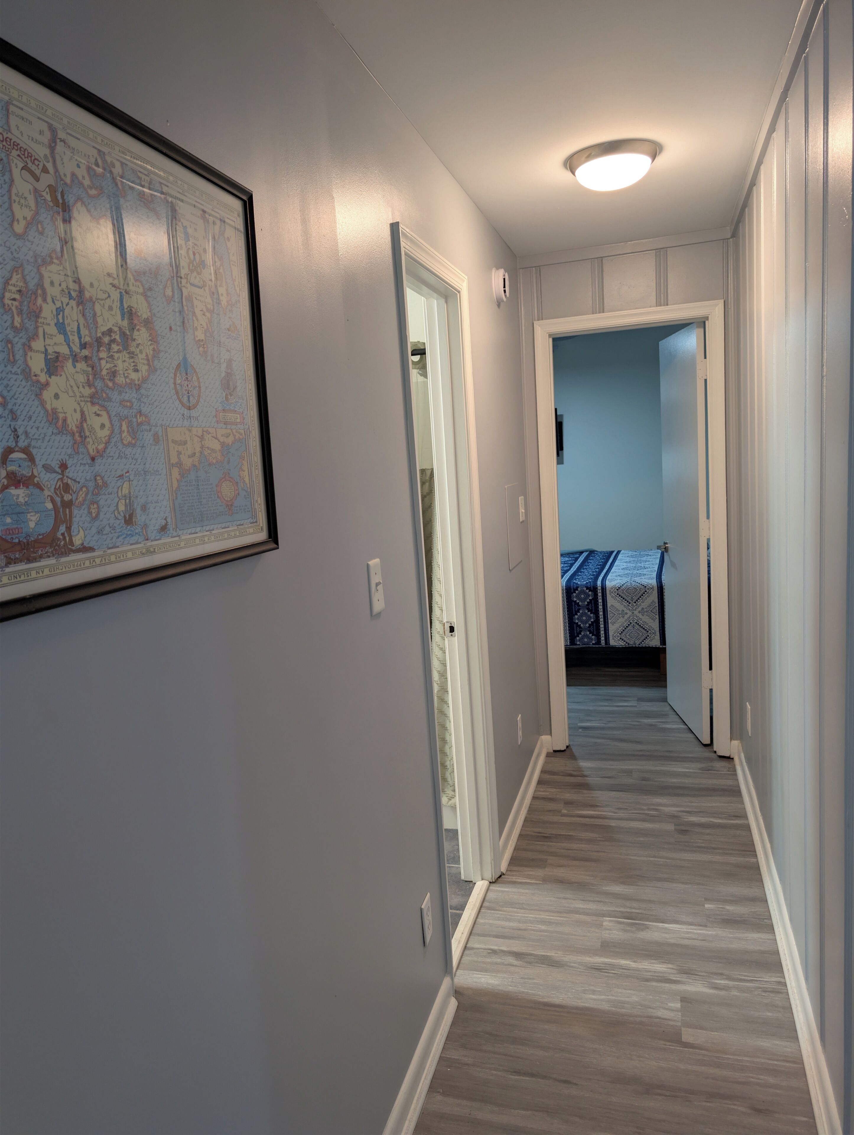 Een hal met een lijst met een kaart aan de linkerkant, een deur die leidt naar een slaapkamer met een bed met een dessin, en een lamp aan het plafond.