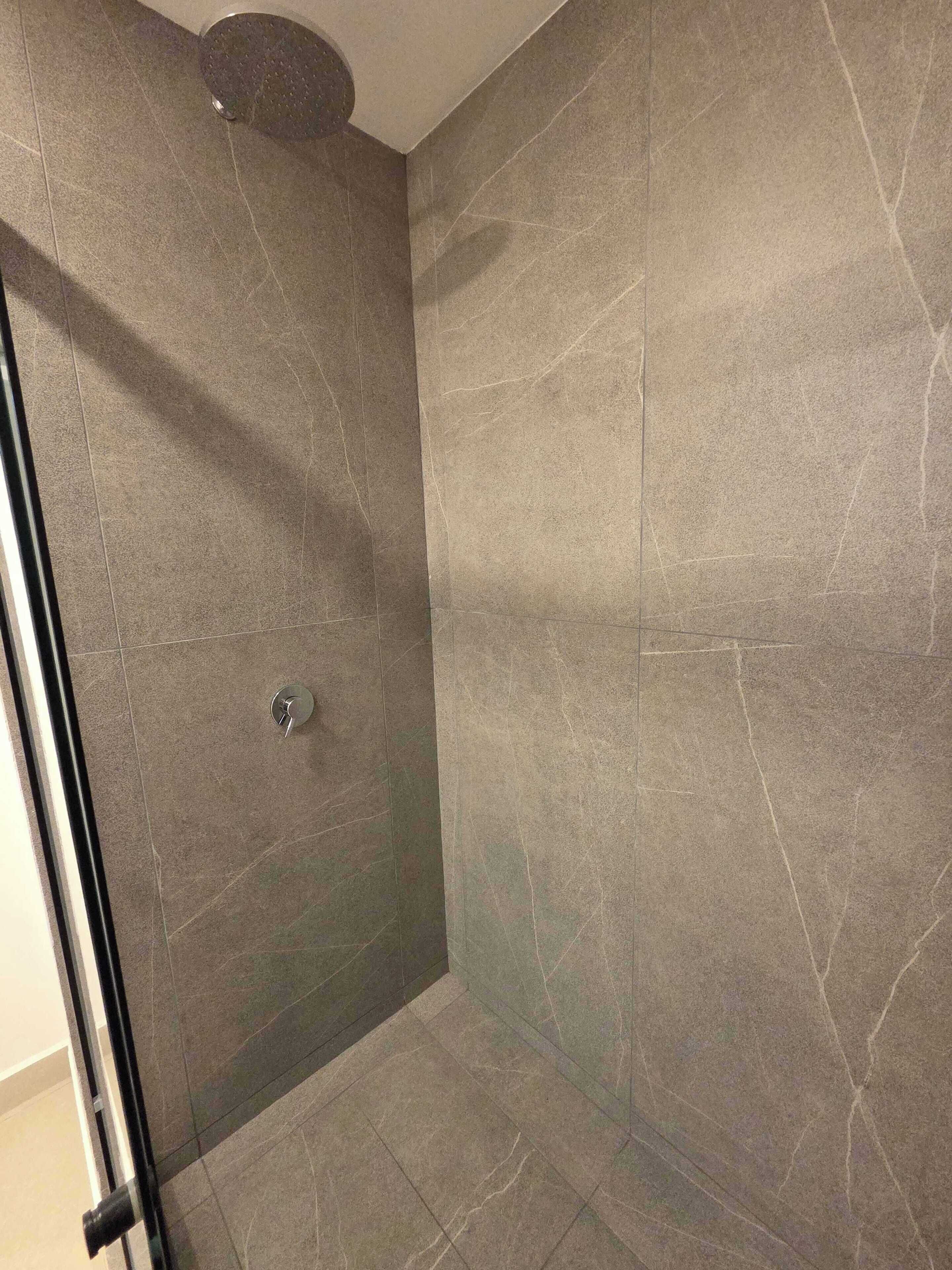 Shower, hair dryer, towels, shampoo