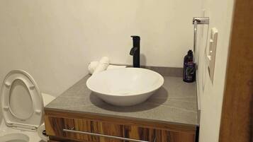 Shower, hair dryer, towels, shampoo
