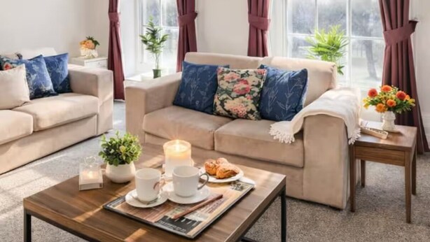 Een woonkamer met twee banken, een salontafel en een raam met gordijnen.