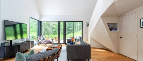 Fernseher, Kamin, Bücher, Stereoanlage