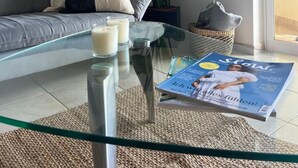 En stue med en sofa, et glasbord, et magasin, en potteplante og udsigt gennem et vindue.