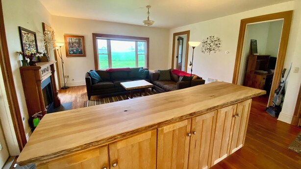 Een ruime woonkamer met een groot houten eiland, een open haard en uitzicht op de omgeving.