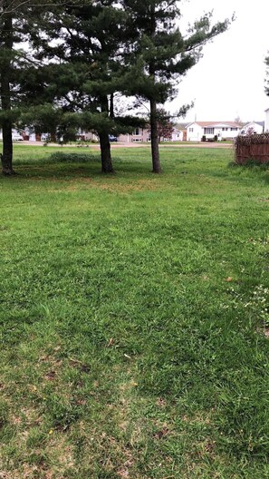 A grassy field with trees and a residential area in the background. - The Downtown Hamilton House (Shédiac)