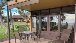 A covered outdoor seating area with a table and chairs, a glass door leading to a view of a building and palm trees.