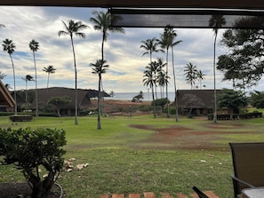 A resort with a view of the ocean, palm trees, and buildings with a hipped roof. - Perfect 1-bedroom condo on Molokai's West End for your getaway (Maunaloa)