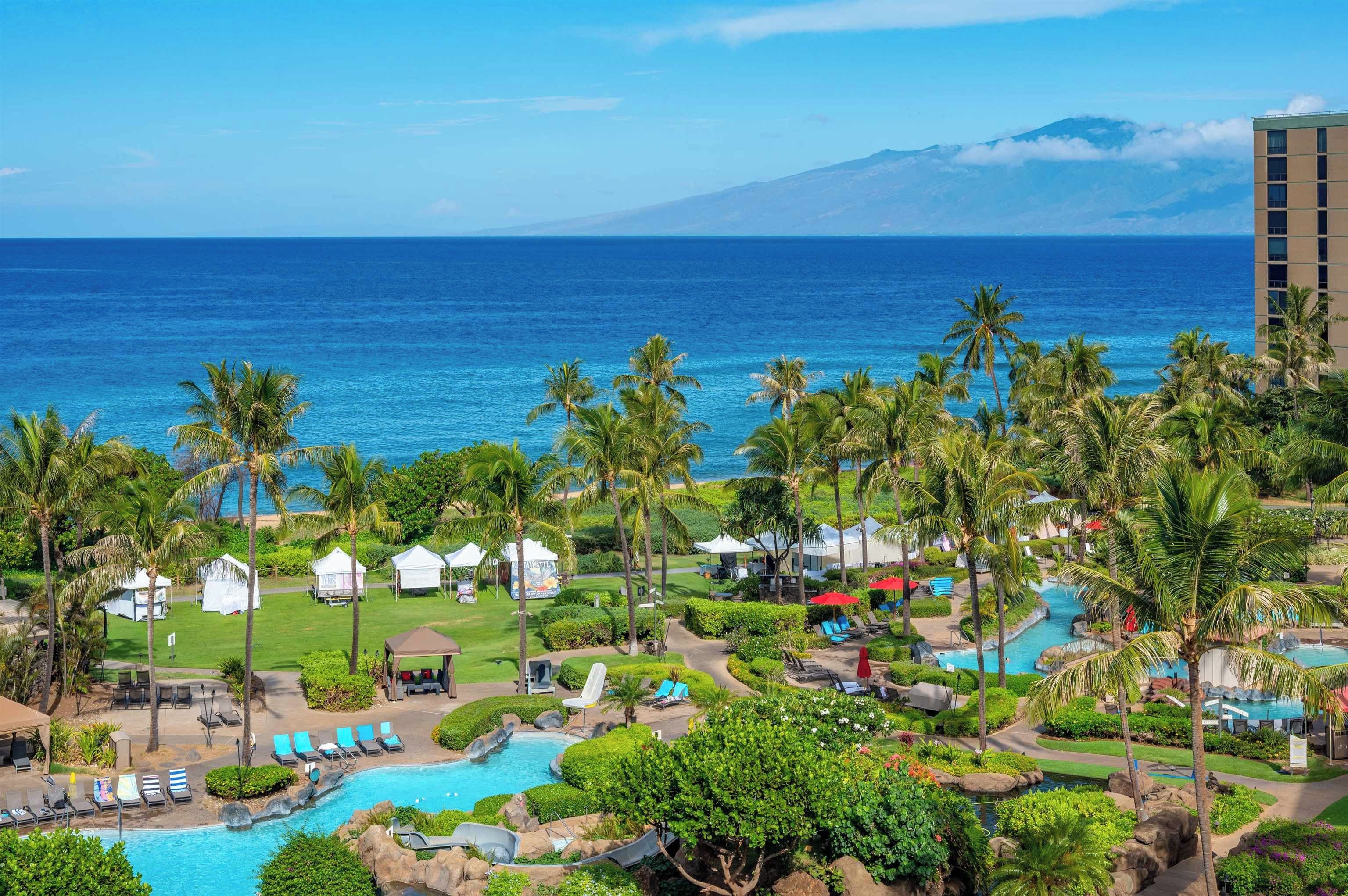 A resort with a pool, lounge chairs, palm trees, and a view of the ocean.