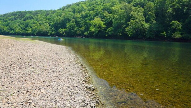 A riverbank with clear water and a forested hillside. - Stunning 2 Bdrm/2 Bath Pointe Royale Resort & Golf (Branson)