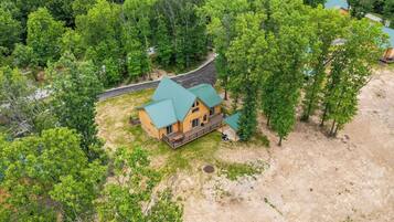 A wooden cabin with a green roof surrounded by dense forest.