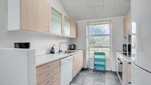 A modern kitchen with light wood cabinets, a stainless steel sink, and a teal storage cart. - VillaVilla 983 - Henne Strand, Vestjylland (Oksbøl)